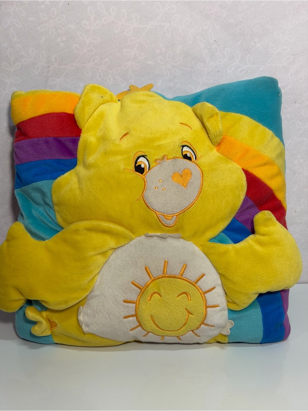 Vintage Care Bears Funshine Bear Rainbow Plush Pillow By Franco Mfg